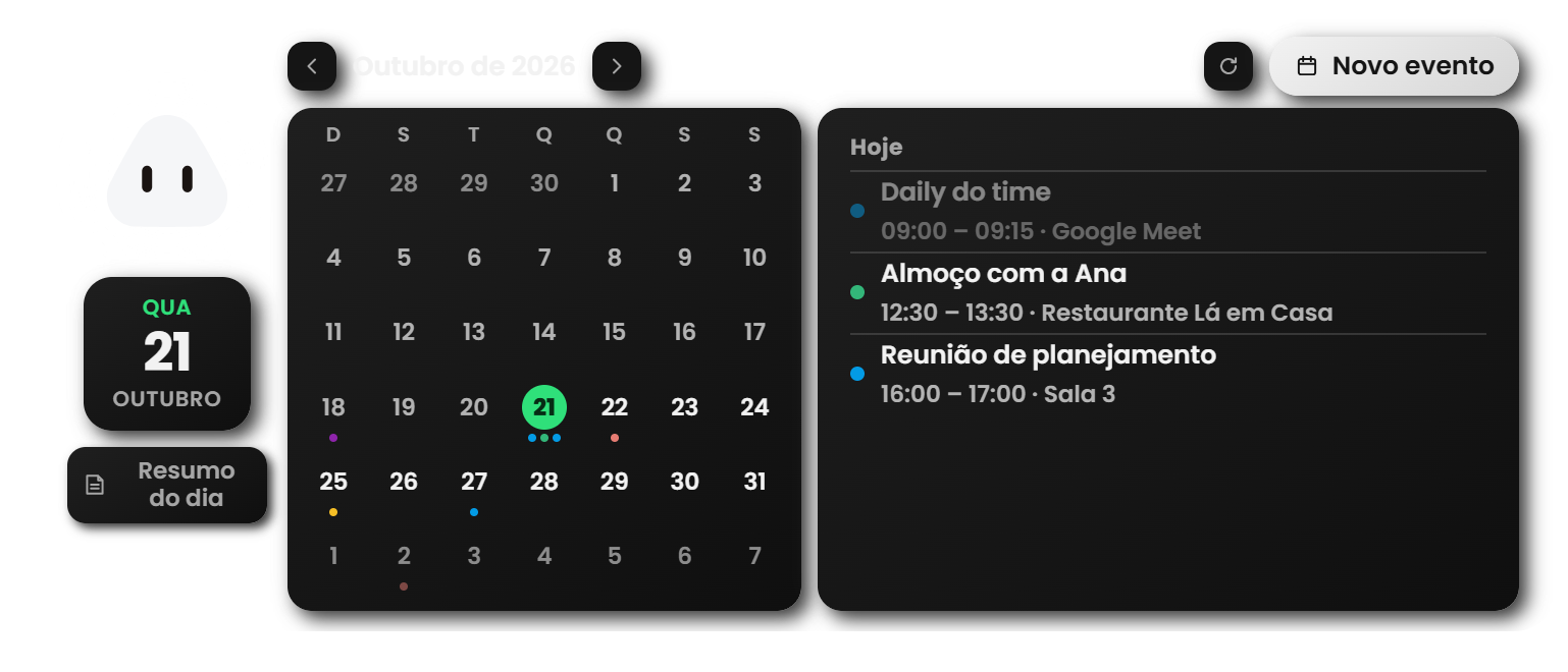 A aba Agenda do Dinho com o calendário do mês e os compromissos de hoje