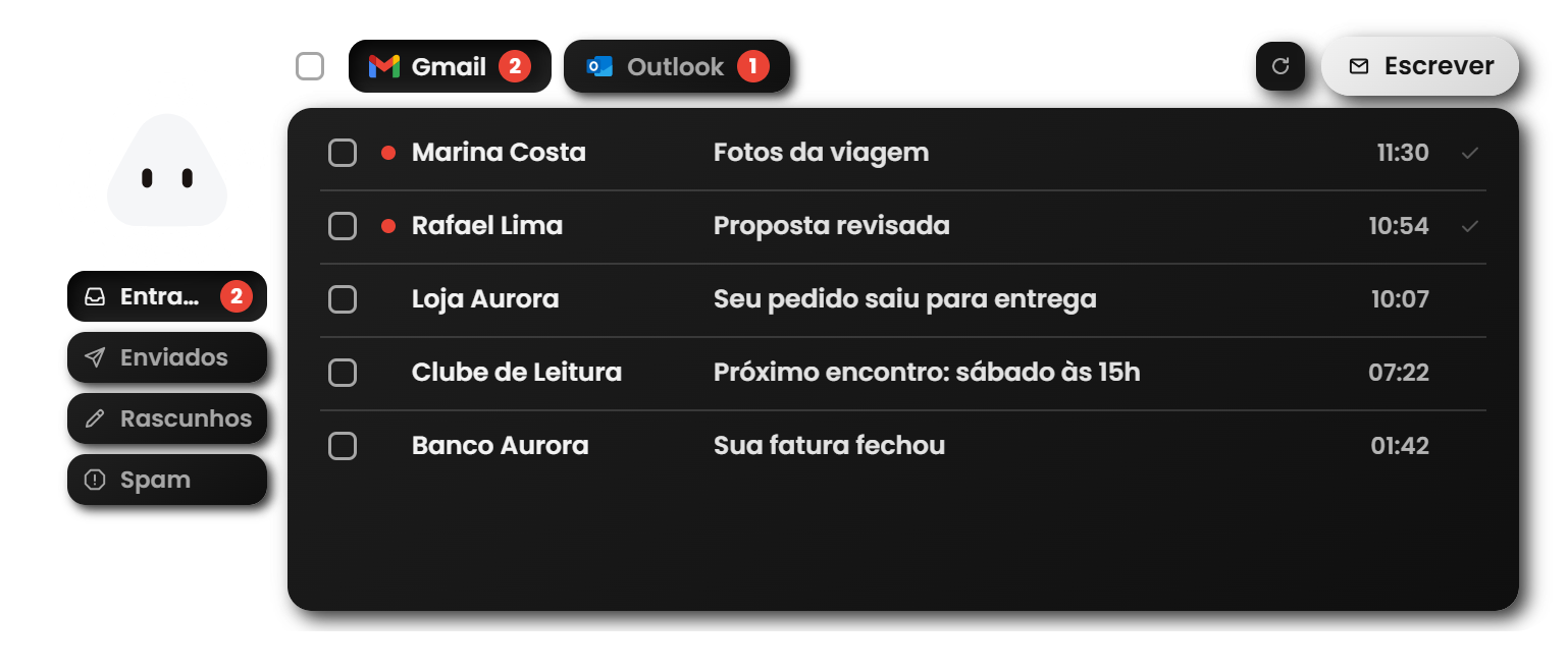 A aba Email do Dinho com a caixa de entrada do Gmail e do Outlook