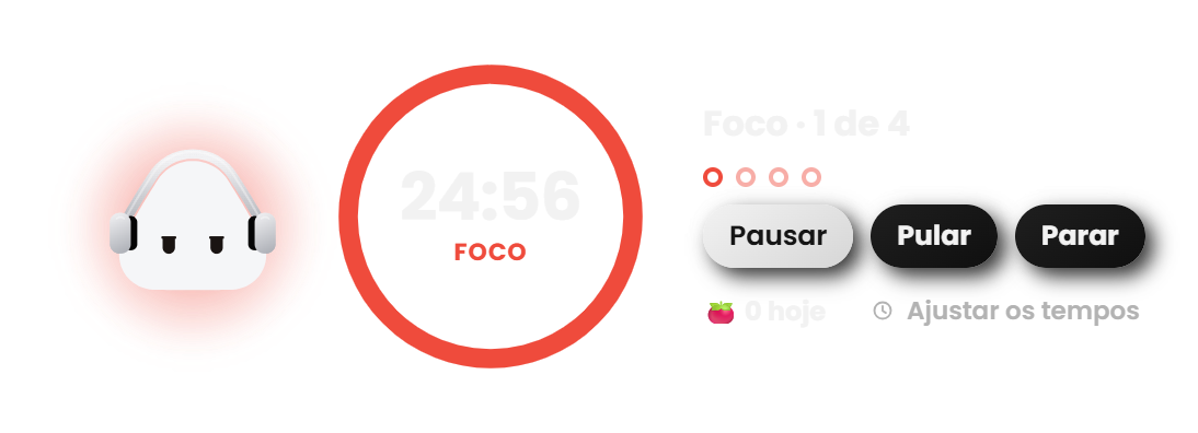 A aba Pomodoro do Dinho com o relógio de foco e o Dinho de fone